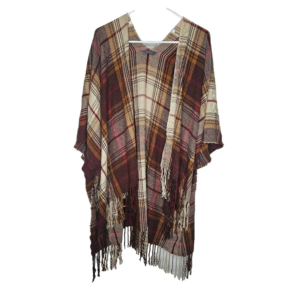 Natural Reflections Plaid Ruana Poncho One Size Boho Western Cottagecore Fringe
